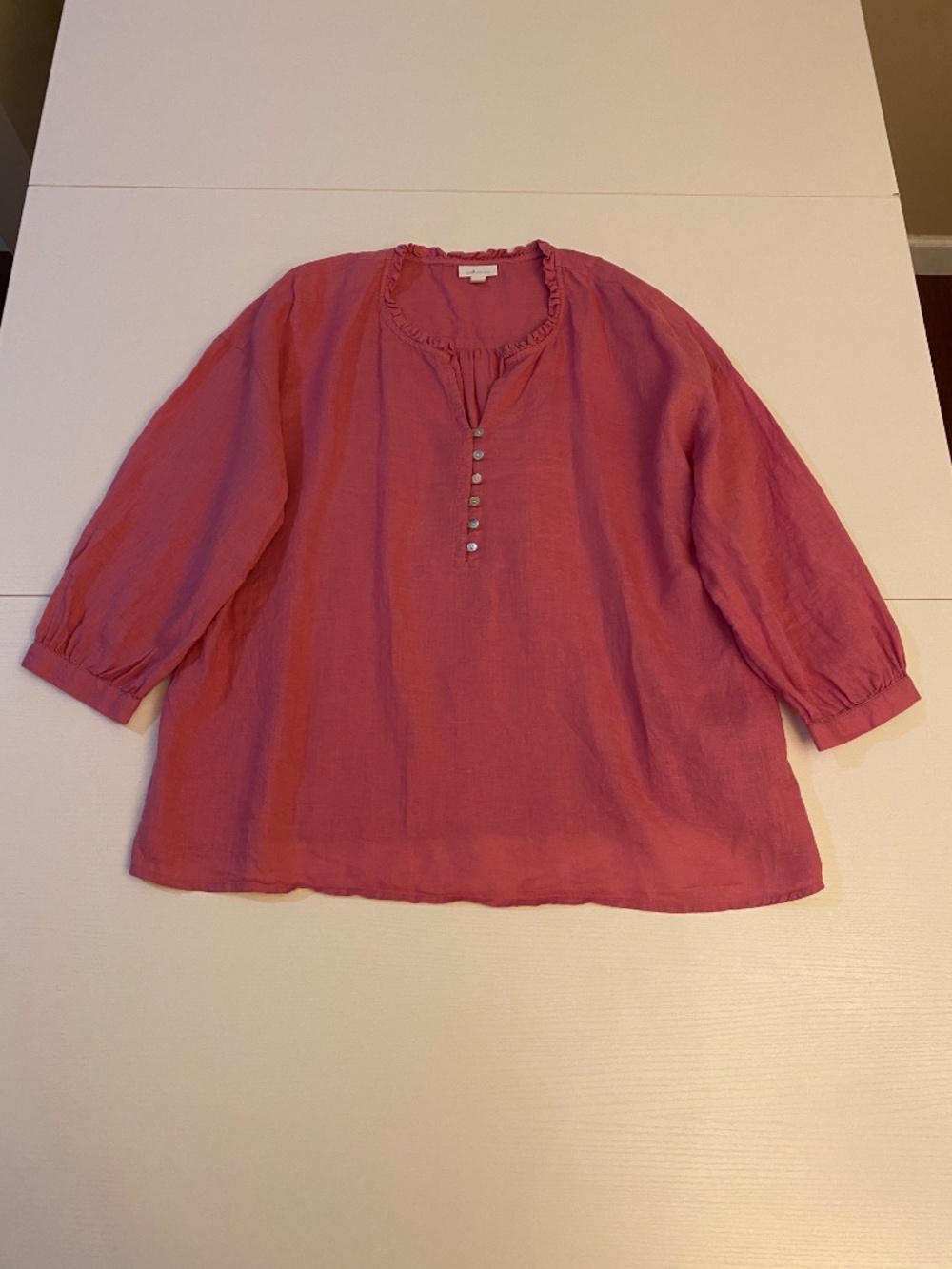 J. Jill Love Linen Deep Pink Popover Blouse Top Ruffle Neck - Size Large